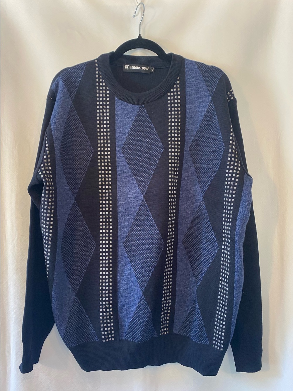 Mens Eclectic Grandpa Coogi Style Navy & Black Argyle Knit Sweater XL Preppy